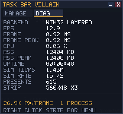 The diagnostics panel showing backend, FPS, frame time, CPU, RSS, uptime, tick count and strip size.