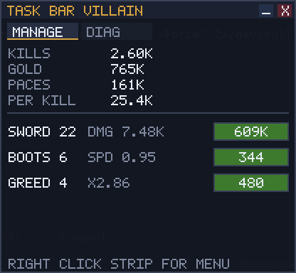The management panel: kills, gold, paces and gold-per-kill, above buyable sword, boots and greed upgrades.