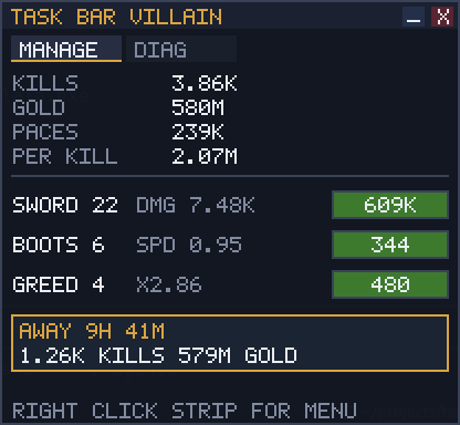 The same panel showing an offline progress banner reading AWAY 9H 41M, 1.26K kills and 579M gold earned.