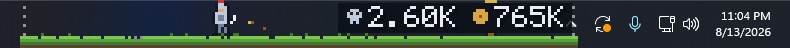 A pixel-art knight on a strip of grass, sitting on a Windows 11 taskbar next to the real system tray icons and clock, with kill and gold counters reading 2.60K and 765K.