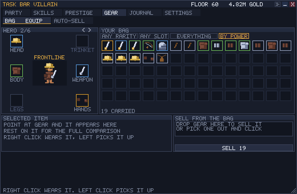 The INVENTORY tab, on its CARRIED sub-tab: one character's six
                  slots arranged around a figure, beside a grid of carried items
                  outlined by rarity with filters for rarity, slot and upgrades
                  and an ordering; an item card explaining that pointing at gear
                  describes it; and a sell card offering to sell all eleven.