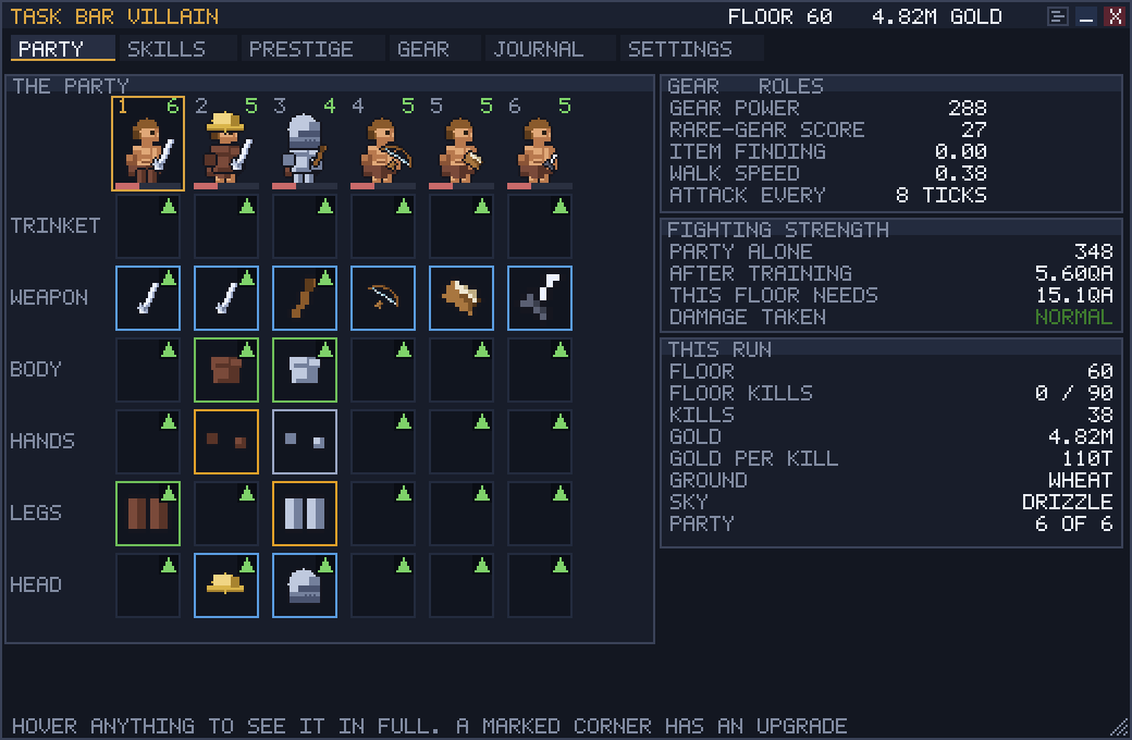 The PARTY tab: six party members in a row, each above a column
                  of six equipment slots, with a green corner on every slot the
                  bag can improve; a totals card reading power, haste, pace,
                  greed and find; the four things there are to buy with their
                  prices; and a progress card reading kills, gold, paces walked,
                  gold per kill, ground, sky and party size.